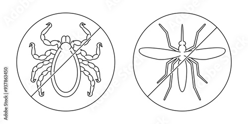 Anti tick or anti mosquito repellent signs, in thin line