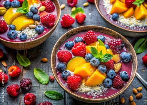 Vibrant vegan berry smoothie bowls with mango and coconut toppings, arranged artistically in a visually appealing composition, perfect for a healthy food concept.