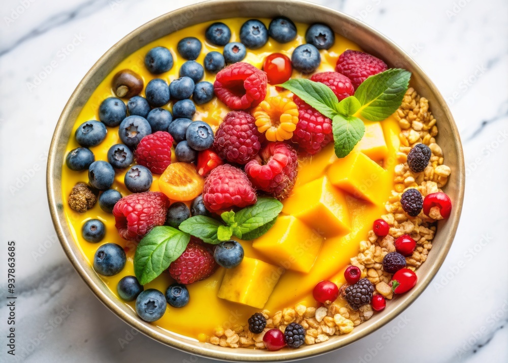 Vibrant bird's eye view of a colorful mango smoothie bowl topped with fresh mixed berries, granola, and sliced fresh mango, on a white background. Vibrant bird's eye view of a colorful mango smoothie bowl topped with fresh mixed berries, granola, and sliced fresh mango, on a white background.
