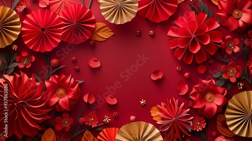 Chinese New Year decorations with red and gold color scheme in flat lay paper art photo