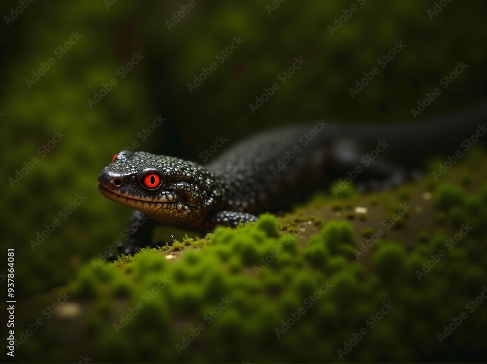 Obraz premium Red-Eyed Crocodile Skink Behind Moss-Covered Log