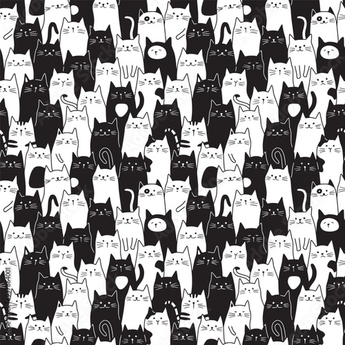 Cartoon playful cats crowd pattern. Black and white line illustration of many cute funny cat faces. Seamless vector background