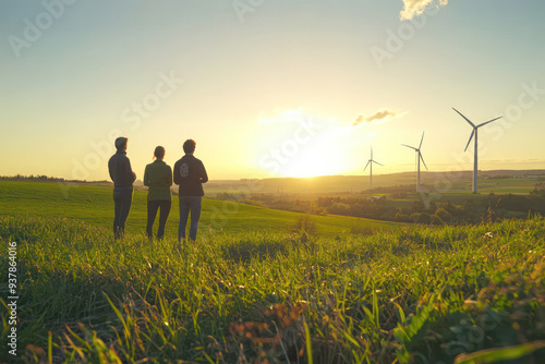 Researchers Discussing Environmental Science on Green Field with Wind Turbines in Background During International Week of Science and Peace
