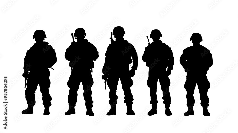 vector silhouette of army military with machine guns on white background . Generative AI vector silhouette of army military with machine guns on white background . Generative AI