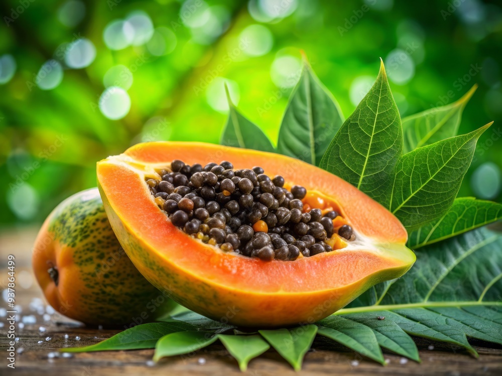 Vibrant orange flesh and black seeds of sliced ripe papaya exposed, placed on wet green leaves, against blurred background with bokeh effect, showcasing freshness. Vibrant orange flesh and black seeds of sliced ripe papaya exposed, placed on wet green leaves, against blurred background with bokeh effect, showcasing freshness.