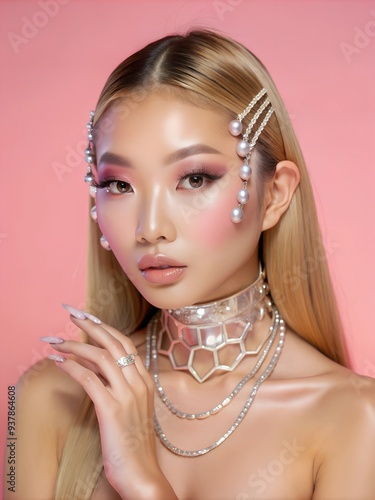 Portrait of a young beautiful Asian woman with blond hair and jewelry on a pink background