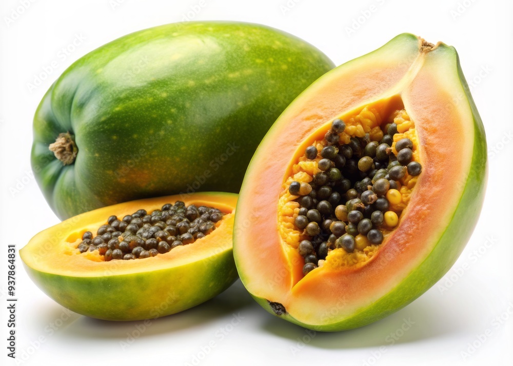 Fresh green papaya fruit with yellow-orange flesh and black seeds lies on a clean white background, showcasing its vibrant colors and intricate textures. Fresh green papaya fruit with yellow-orange flesh and black seeds lies on a clean white background, showcasing its vibrant colors and intricate textures.