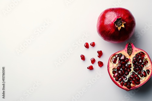 Image features a whole pomegranate, a half-sliced pomegranate showcasing vibrant seeds, and loose seeds scattered on a clean white surface.