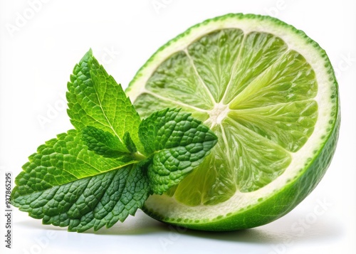 Freshly sliced lime wedge garnished with a few sprigs of vibrant green mint leaves isolated on a transparent background with soft natural light.