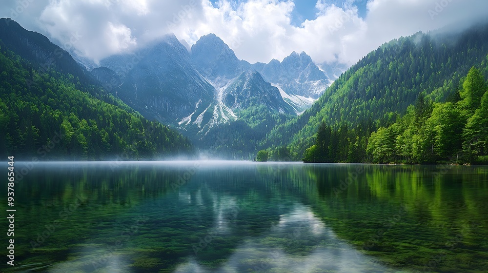 Fototapeta premium Jasna lake with beautiful mountains Nature scenery in Triglav national park Location Triglav national park Kranjska Gora Slovenia Europe Mountain lake Jasna in Krajsnka Gora Slovenia : Generative AI
