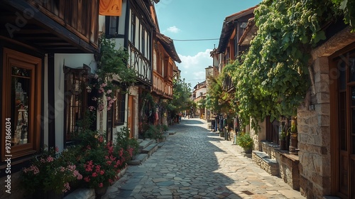 Traditional street in the old town of Sozopol Bulgaria : Generative AI