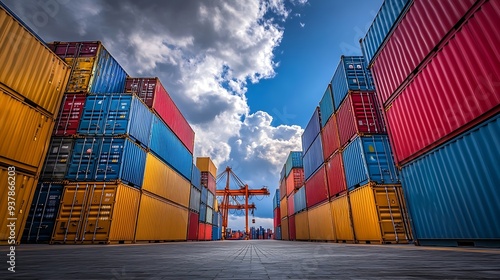 Container Export Logistic Crane Forklift Port Blue Sky Background Space Road Import Business Freight Logistic Transport Custom Industry Service Airplane Container Ship Truck Cargo Stac : Generative AI photo