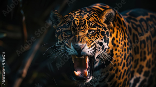 A close-up shot of a jaguarâ€™s snarling face, with sharp focus on its eyes and teeth, the background completely black, adding to the drama photo