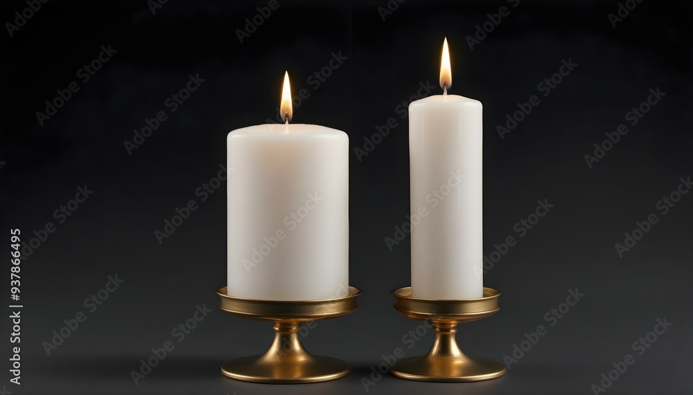 Front view of white candle in golden stand on Yellow,White Splash Pattern Front view of white candle in golden stand on Yellow,White Splash Pattern