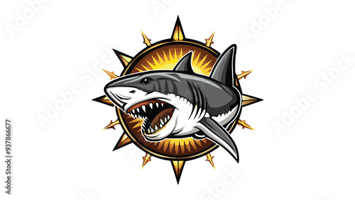 Create a realistic vector illustration of a great white shark with an open mouth and sharp teeth, enclosed within a compass design featuring a golden frame and sunburst effect.