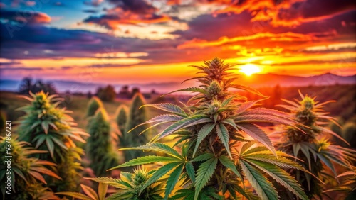 Vibrant orange and pink hues illuminate the sky at sunset as a lush green bush of cannabis grows in the foreground, leaves glistening softly. photo