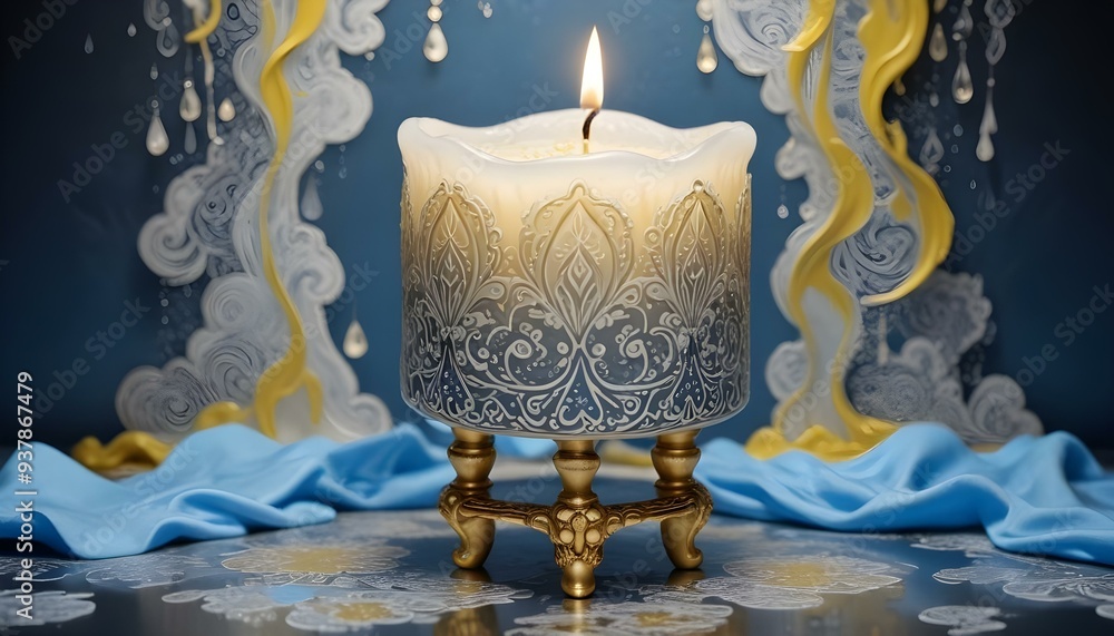Front view of white candle in golden stand on Yellow,White Splash Pattern Front view of white candle in golden stand on Yellow,White Splash Pattern