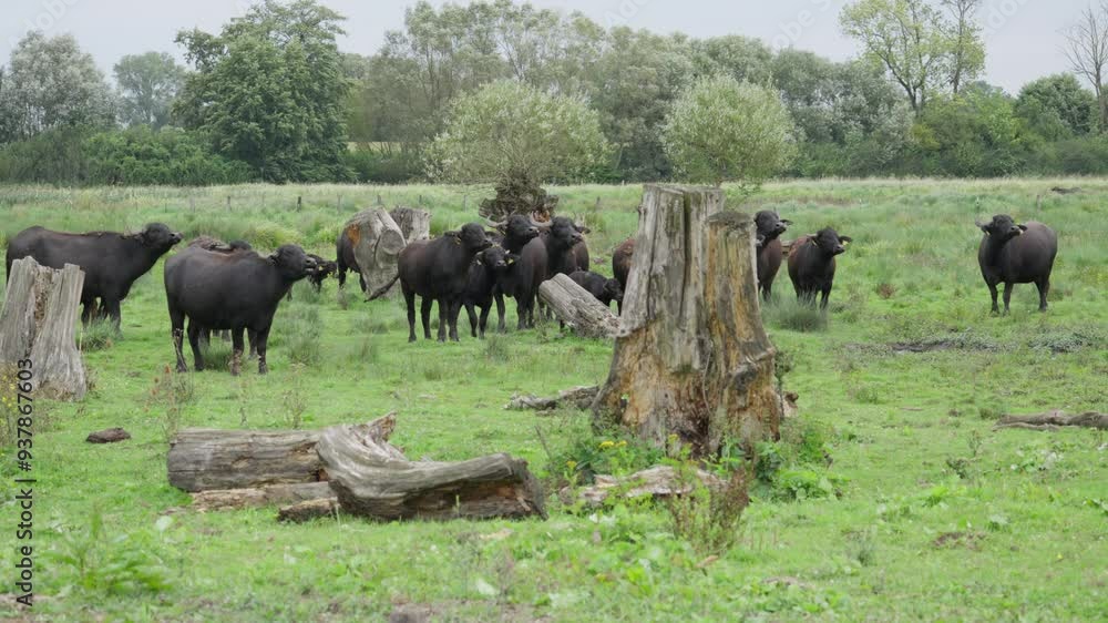 Wasserbüffel mit Kälbern auf grüner Wiese Wasserbüffel mit Kälbern auf grüner Wiese