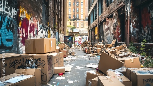 An urban alleyway filled with discarded cardboard boxes and colorful graffiti on the brick walls, depicting a scene of neglect. 