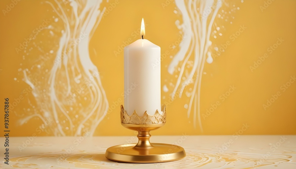 Front view of white candle in golden stand on Yellow,White Splash Pattern Front view of white candle in golden stand on Yellow,White Splash Pattern