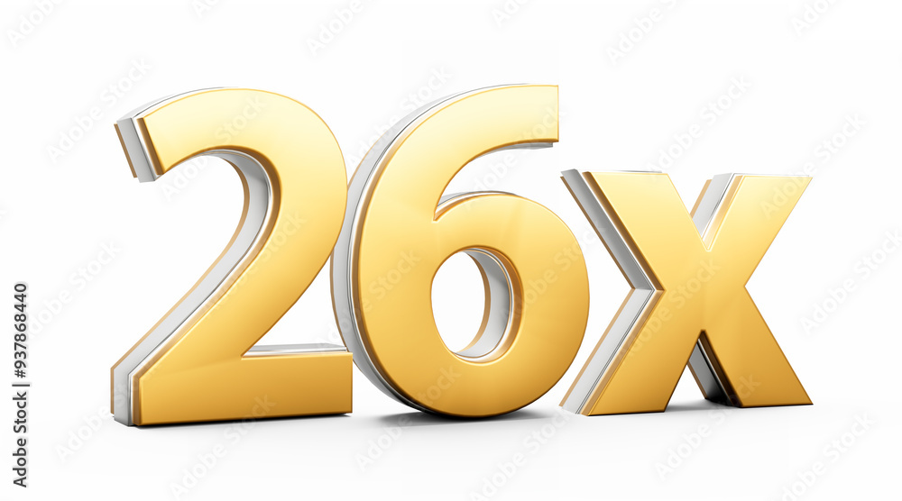 Golden Shiny 26x Twenty Six x Sign For Advertising And Dynamic Sales Presentations 3D Illustration Golden Shiny 26x Twenty Six x Sign For Advertising And Dynamic Sales Presentations 3D Illustration