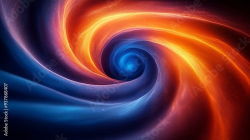 Vibrant Blue-Orange Vortex Swirl on Dark Grainy Background, Ideal for Retro Banner Designs and Poster Covers with Copy Space - Generative AI.