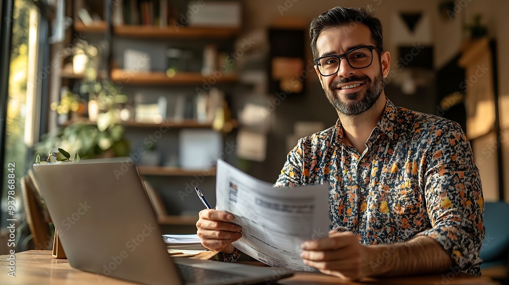A portrait of a cheerful male financial advisor holding a finance report in his hand and sitting in front of a laptop at a wooden desk at home : Generative AI A portrait of a cheerful male financial advisor holding a finance report in his hand and sitting in front of a laptop at a wooden desk at home : Generative AI