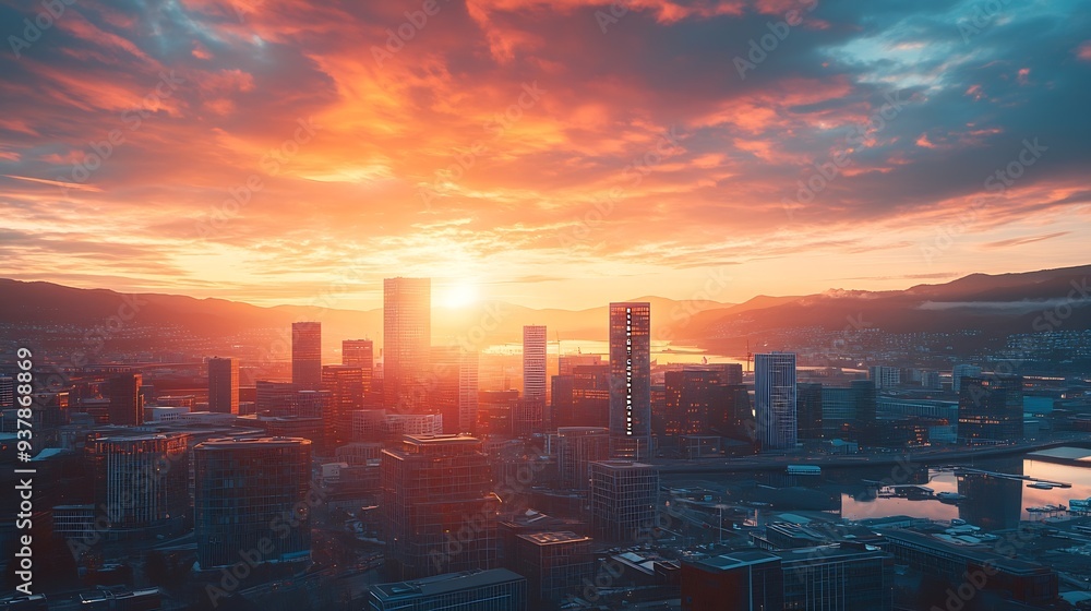 Fototapeta premium Oslo Norway sunrise city skyline at business district and Barcode Project : Generative AI