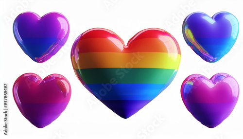 Wallpaper Mural 中心に虹色のストライプが描かれた大きなハートがあり、その周りに紫色や青色を基調とした小さなハートが配置されています。虹色のハートはLGBTQ+プライドを象徴し、明るくポジティブなメッセージを伝えています。背景は白で、カラフルなハートが際立っています。generative AI Torontodigital.ca