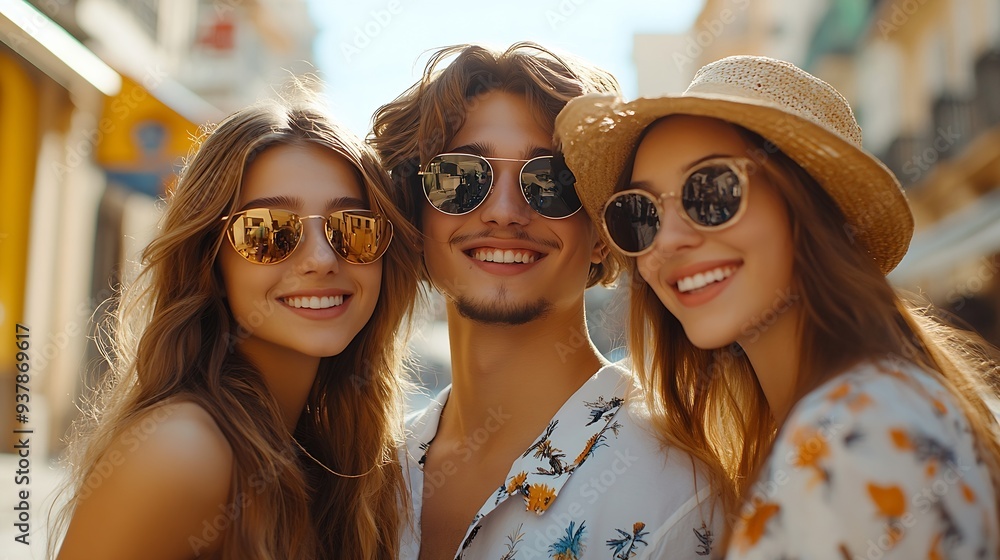 Group of young three stylish friends posing in the street Fashion man and two cute female dressed in casual summer clothes Smiling models having fun in sunglasses Cheerful women and gu : Generative AI Group of young three stylish friends posing in the street Fashion man and two cute female dressed in casual summer clothes Smiling models having fun in sunglasses Cheerful women and gu : Generative AI