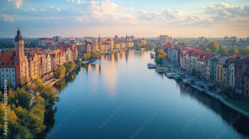 Fototapeta premium Bydgoszcz cityscape with colorful houses reflecting in brda river at sunrise
