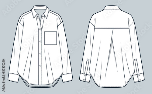 Oversize Shirt technical fashion Illustration. Classic Collar Shirt fashion flat technical drawing template, button, pocket, front and back view, white, women, men, unisex CAD mockup.