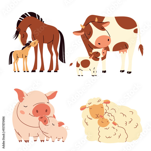 Set of flat vector illustrations. Cute pets with cubs. Horse with foal, pig with piglet, sheep with lamb, cow with calf. Vector illustration