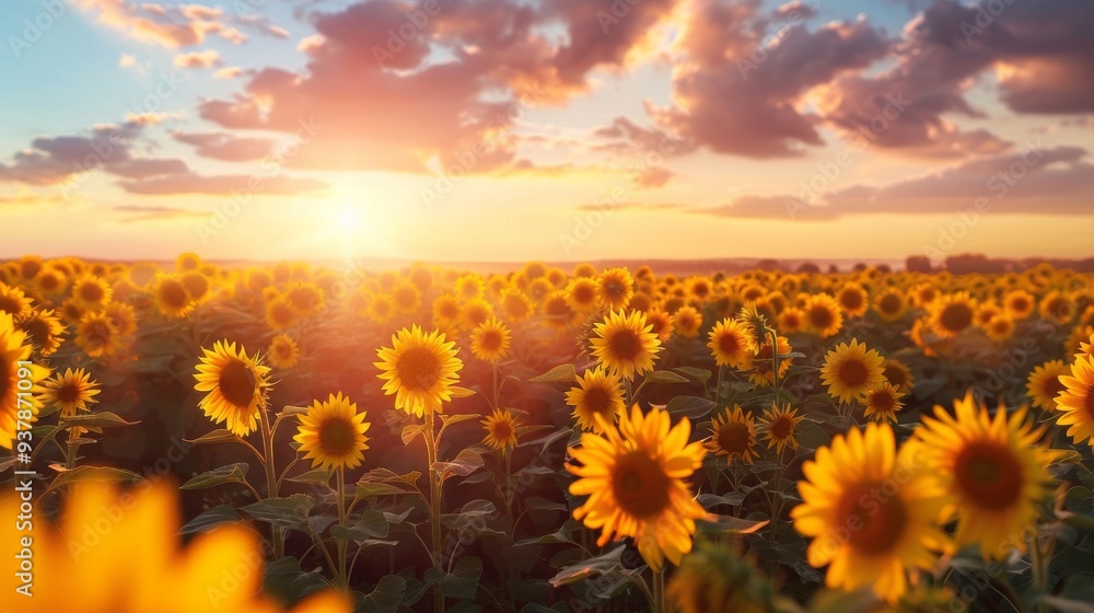 Obraz premium Sunflower agricultural field looks beautiful at sunset 