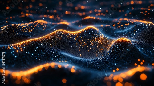 Abstract digital landscape with orange and blue lights, blending warm and cool tones in a visually striking and futuristic composition.