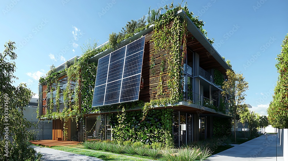 Modern green building with solar panels and rooftop garden, representing the integration of sustainable practices in urban architecture. Modern green building with solar panels and rooftop garden, representing the integration of sustainable practices in urban architecture.