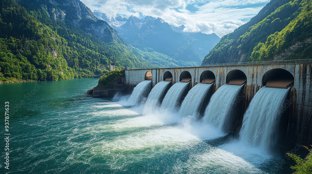 Water rushing through dam spillway generating hydroelectric power Water rushing through dam spillway generating hydroelectric power