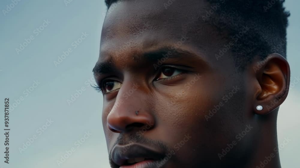 Determined young black athlete gazes up with hope against cloudy skies, exuding motivation and aspiration in sports and fitness Determined young black athlete gazes up with hope against cloudy skies, exuding motivation and aspiration in sports and fitness