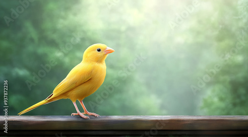 Bright yellow bird perched on a wooden railing in nature photo