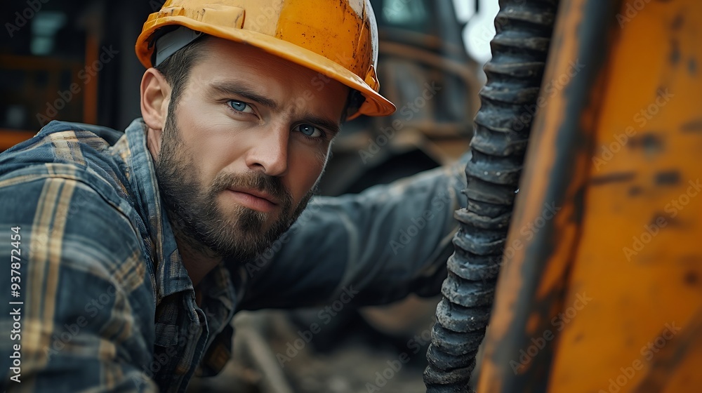 Driver mechanic checks hydraulic hoses of excavator Man in hard hat industrial worker : Generative AI Driver mechanic checks hydraulic hoses of excavator Man in hard hat industrial worker : Generative AI