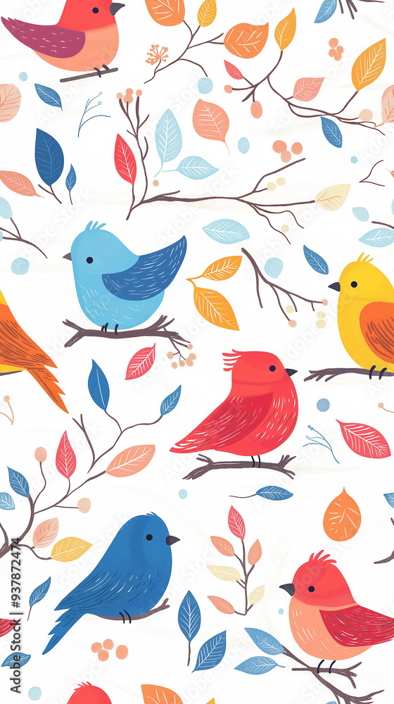This seamless pattern showcases cute birds perched on branches with colorful leaves. Perfect for nature, spring, and cheerful designs. This seamless pattern showcases cute birds perched on branches with colorful leaves. Perfect for nature, spring, and cheerful designs.