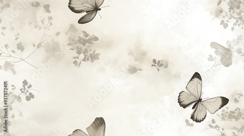 A minimalistic pattern with soft butterflies and delicate floral elements on a light background, creating a calming and serene atmosphere.