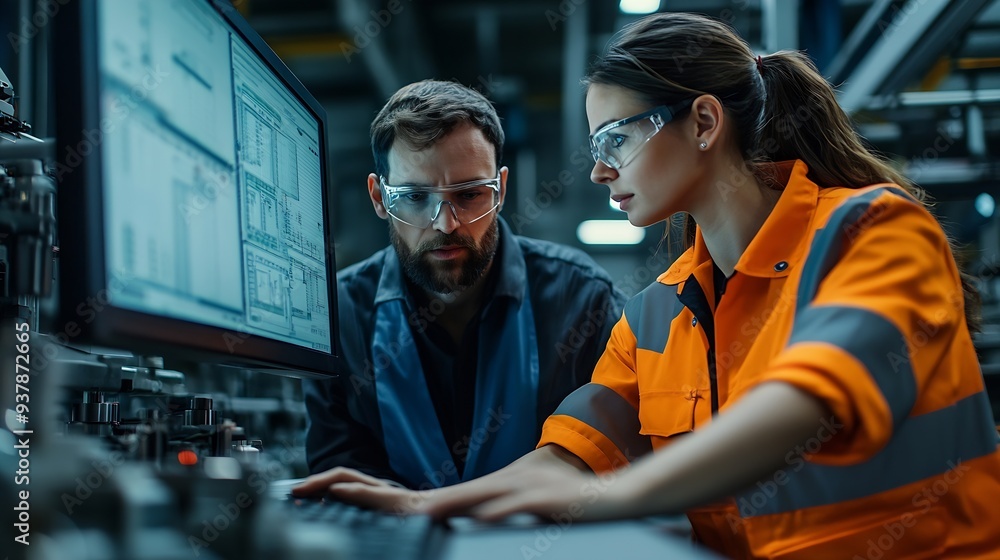 Factory apprenticeship Man mentor teaching Female employees trainee operating machine looking monitors and check Production process machinery foreman explaining woman engineer control : Generative AI Factory apprenticeship Man mentor teaching Female employees trainee operating machine looking monitors and check Production process machinery foreman explaining woman engineer control : Generative AI