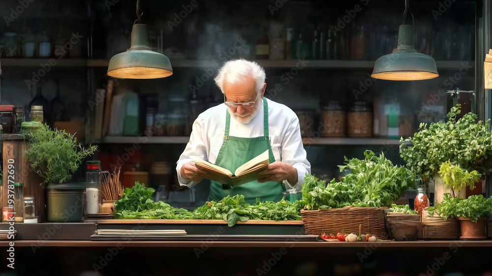 Elderly man studies a recipe surrounded by fresh herbs Elderly man studies a recipe surrounded by fresh herbs