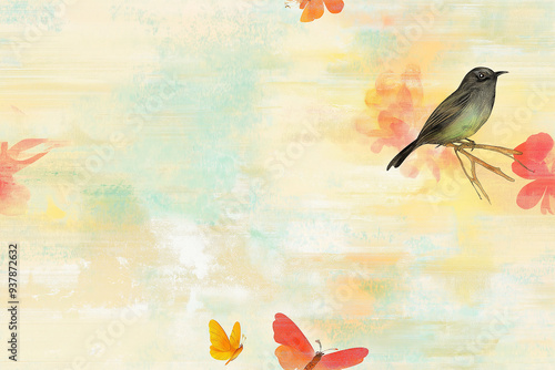 A delicate bird and butterfly pattern on a soft, watercolor-like background with light pastel tones, creating a serene and gentle ambiance.