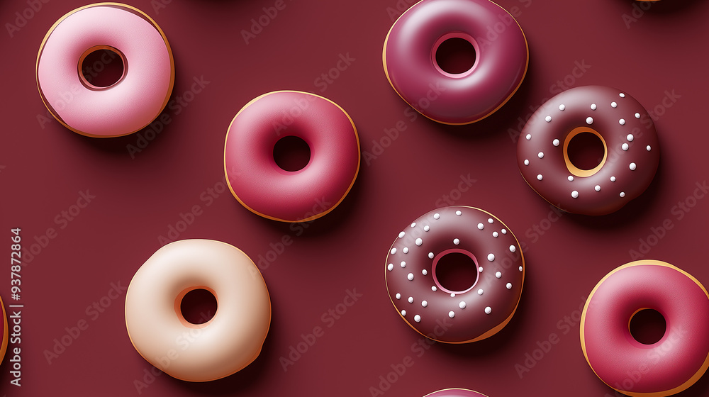 Vibrant and playful donut pattern on a deep maroon background, featuring a variety of glazed donuts, perfect for fun and trendy designs. Vibrant and playful donut pattern on a deep maroon background, featuring a variety of glazed donuts, perfect for fun and trendy designs.