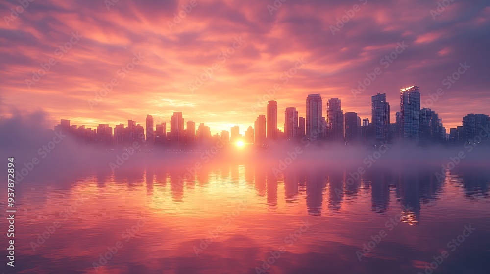 Obraz premium Panoramic View of Modern City Building Skyline on West Coast Pacific Ocean Dramatic Sunrise Sky Art Render Stanley Park Coal Harbour Downtown Vancouver British Columbia Canada : Generative AI