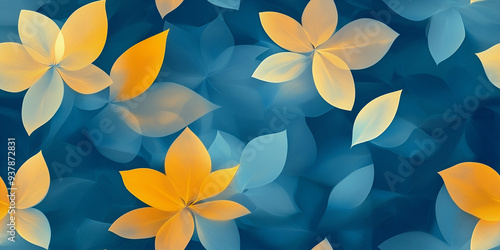 Stylized floral pattern with a blend of yellow and blue petals creating a soft, abstract design perfect for elegant home decor and textiles.