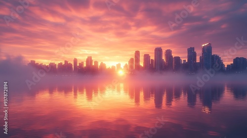 Panoramic View of Modern City Building Skyline on West Coast Pacific Ocean Dramatic Sunrise Sky Art Render Stanley Park Coal Harbour Downtown Vancouver British Columbia Canada : Generative AI