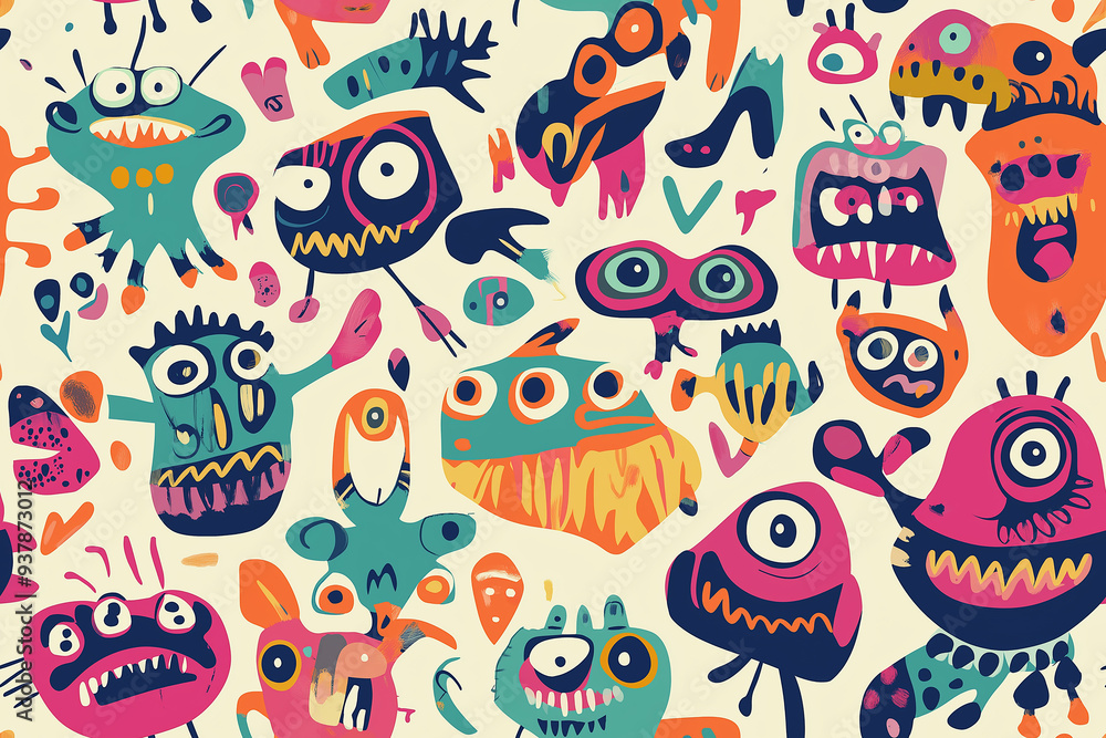 A quirky seamless pattern featuring colorful, abstract monsters with playful expressions, rendered in bold colors and fun shapes, creating a lively and unique design. A quirky seamless pattern featuring colorful, abstract monsters with playful expressions, rendered in bold colors and fun shapes, creating a lively and unique design.